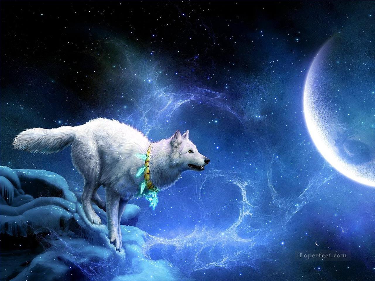 Wolf und Mond Ölgemälde
